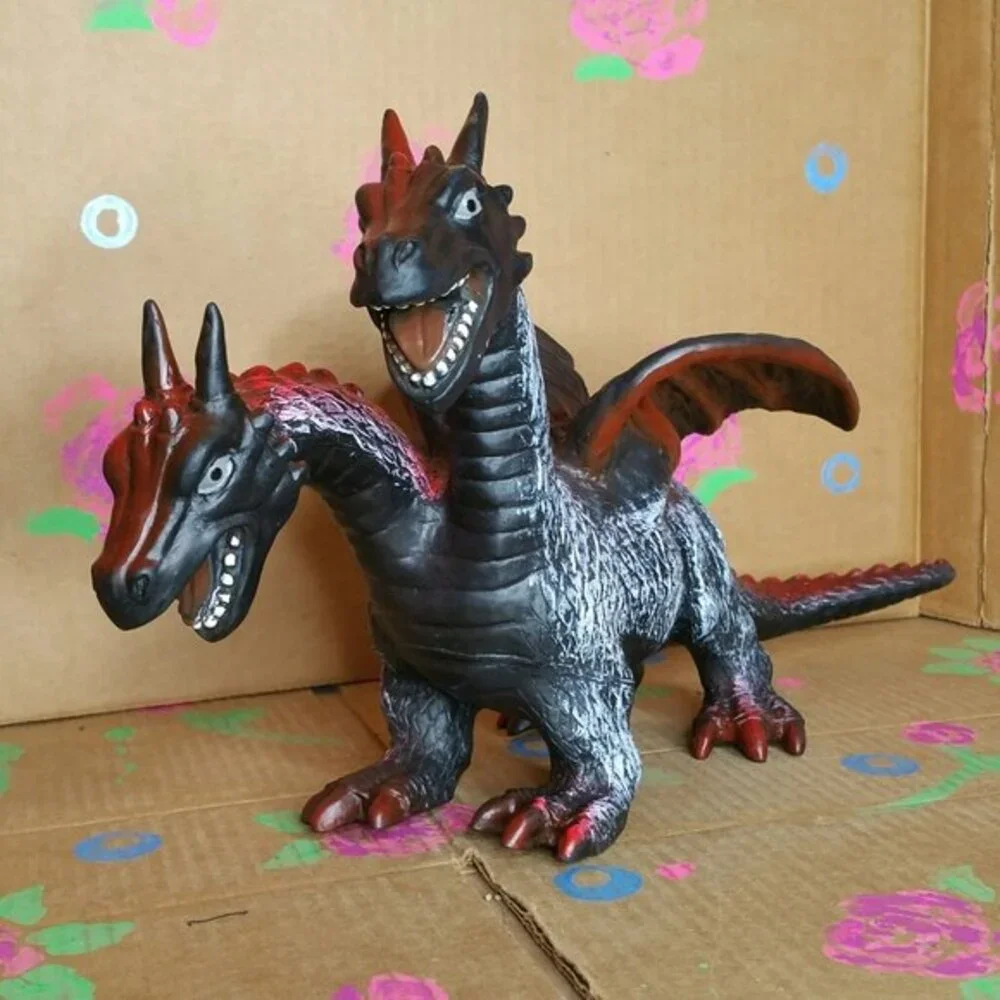 Red and Black Two-Headed Rubber Dragon Toy Figure